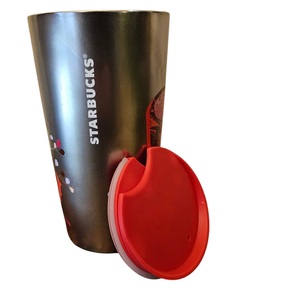 Starbuck 2023 Ceramic 12 oz Travel Tumbler Holiday Red Ribbon Holly Berry Silver